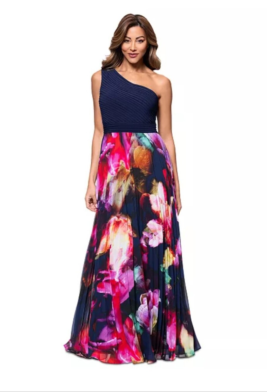 Xscape NWT Navy Floral One Shoulder Pleated Maxi Formal Dress 14P $279 Old Money